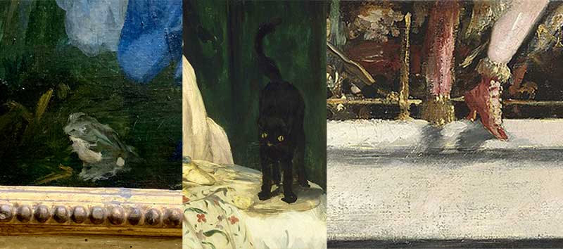 The legs are on the top centre right of the painting - but Manet loved to include little jokes!