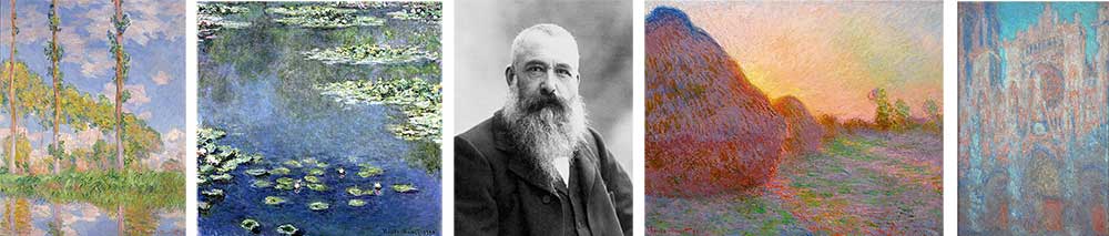 A collage showing Monet and some of his most famous works