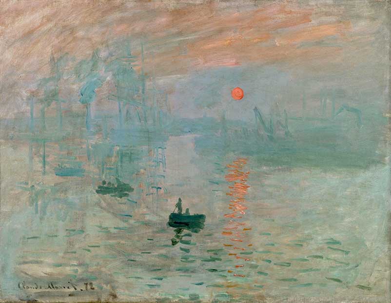 The first impressionist exhibition took place in 1874. One of Claude Monet's submissions, particularly derided by critics, was Impression: Sunrise.