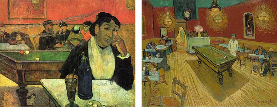 Gauguin (left) and van Gogh (right) both painted the Cafe in Arles
