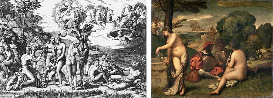 Raphael's Judgement of Paris (left) and Titian's Pastoral Concert (right)