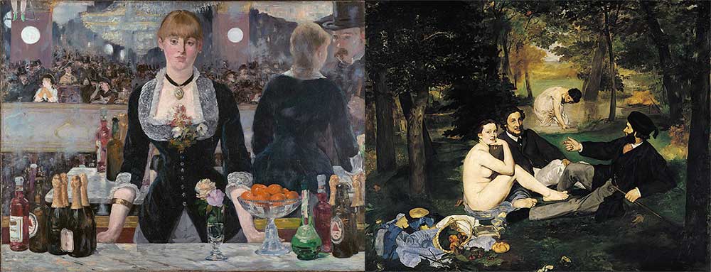 Manet's Folies Bergere and Dejeuner sur l'Herbe side-by-side