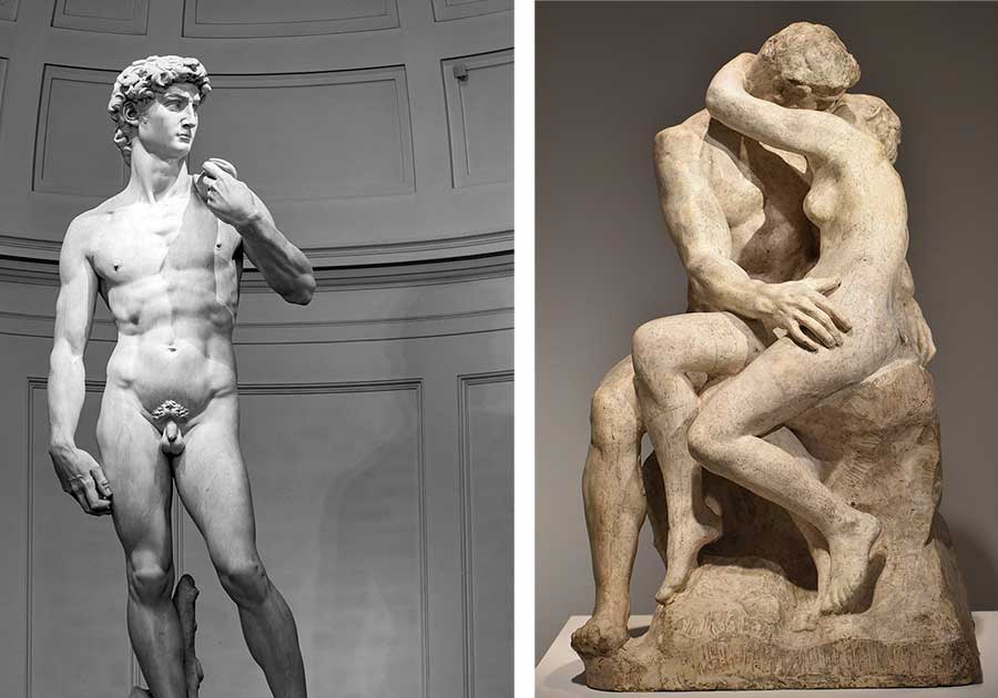Michelangelo's David and Rodin's The Kiss