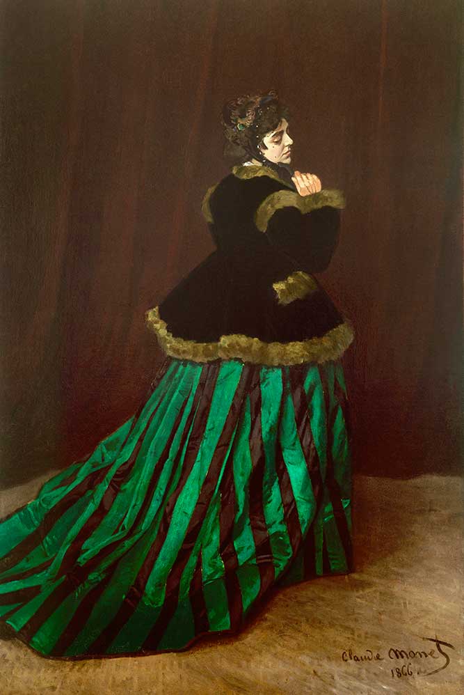 Claude Monet's Woman in Green Dress was submitted to the Salon in 1866; it was a huge hit.