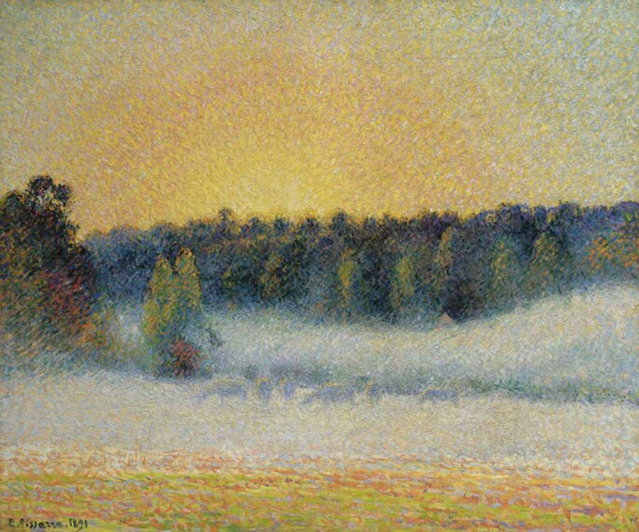 Pissarro's glorious Meadow with Cows, Mist and Setting Sun at Eragny