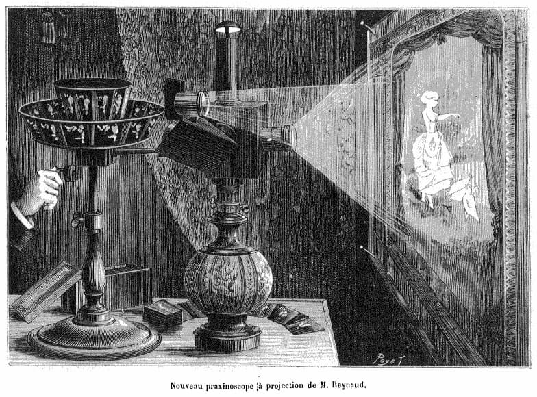Projecting praxinoscope, 1880, superimposing an animated figure on a separately projected background scene