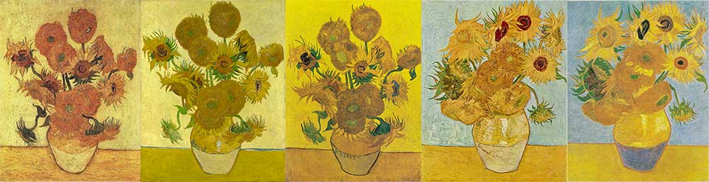 Collage of van Gogh's five Sunflowers