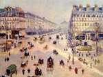 'lace du Théâtre-Francais and the Avenue de l'Opéra, Sunlight, Winter Morning' by Camille Pissarro (1898). A busy modern Paris at the time.