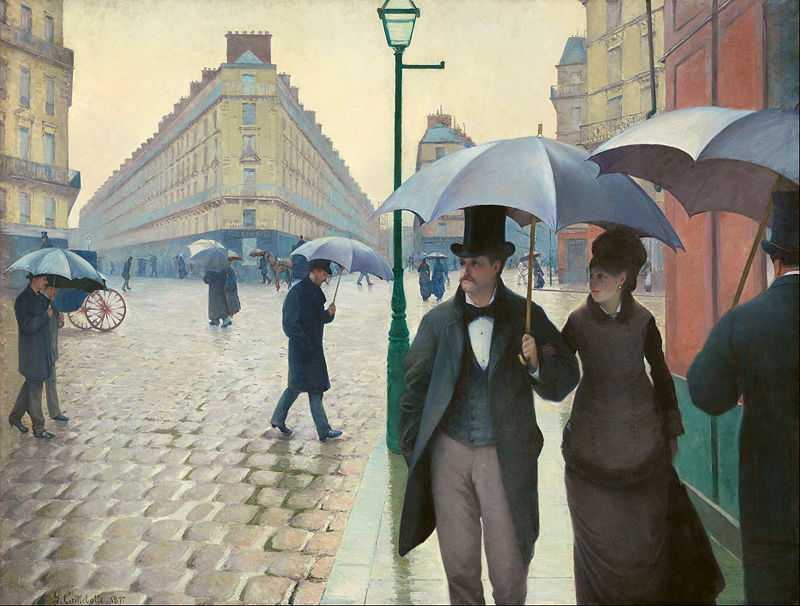 Paris Street; Rainy Day, the 1877 oil painting by the French artist Gustave Caillebotte is his best known work. It shows a number of individuals walking through the Place de Dublin in Paris
