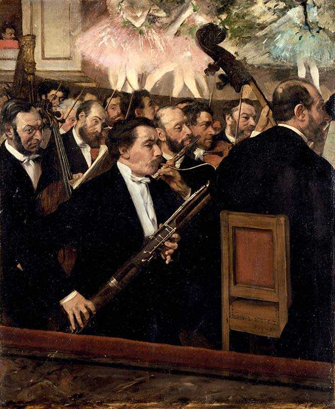 Degas loved painting scenes from unusual angles. Instead of focussing on the stage, he places the orchestra in the foreground.
