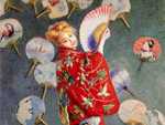 A European woman in a kimono standing in front of a wall covered in Japanese fans. La Japonaise is a 1876 painting by Claude Monet.