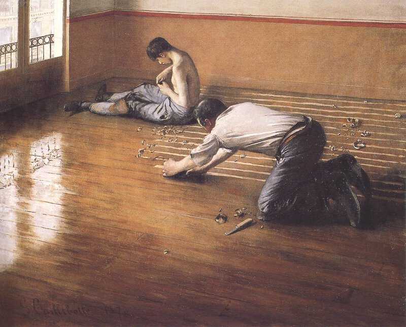 A 1876 variation of the The Floor Scrapers (Les Raboteurs de parquet) oil painting by French Impressionist Gustave Caillebotte.