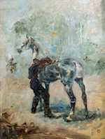 Artilleryman saddling his horse by Henri de Toulouse-Lautrec in 1879