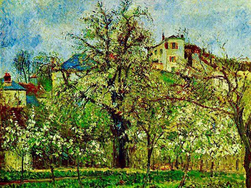 A colourful Pissarro from 1877 of an orchard in flower