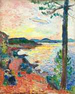 Matisse paints The Gulf of Saint-Tropez which shows his wife and son gazing at a beautiful sunset. (1904)