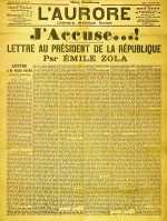 Front page cover of the newspaper L'Aurore for Thursday 13 January 1898, with the open letter J'Accuse…!, written by Émile Zola about the Dreyfus affair. The headline reads 'I Accuse...! Letter to the President of the Republic'—Paris Museum of Jewish Art and History