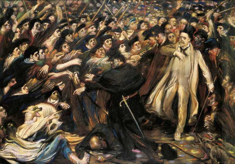 Henry de Groux, Zola faces the mob, oil on canvas, 1898