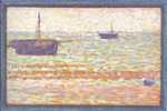 1885: Seurat’s pointillism evolves to incorporating broader brushstrokes with more spaces in between the spots of color. This creates an effect of brightness which can be observed in his work, L'échouage à Grandcamp (1885).