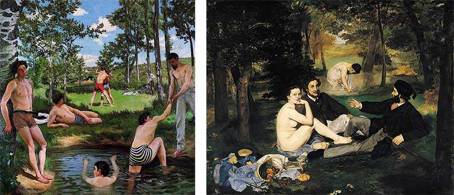 Bazille's Summer Scene (left) and Manet's Dejeuner sur l'Herbe (right) side-by-side