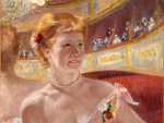 Woman with a Pearl Necklace in a Loge, the 1879 painting by American artist Mary Cassatt. The style in which it was painted and the depiction of shifting light and color was influenced by Impressionism.