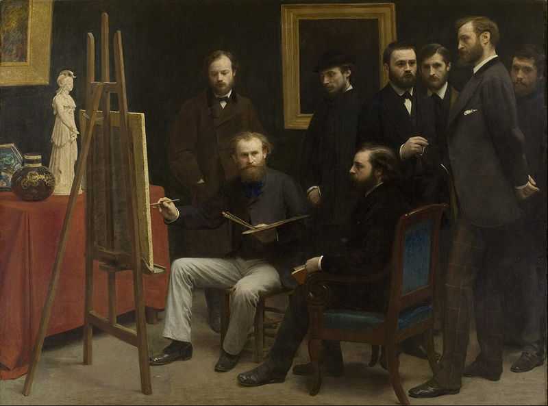 'A Studio at Les Batignolles', by Henri Fantin-Latour (1836–1904) depicting Frédéric Bazille, Edouard Monet, Renoir etc..