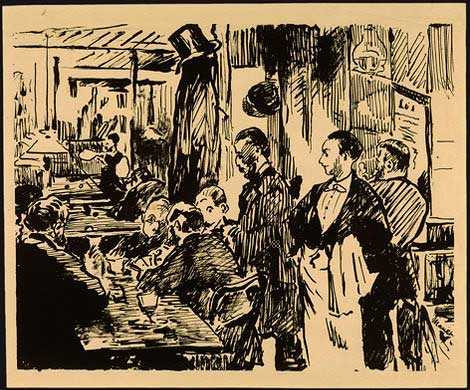A cartoon of Edouard Manet holding forth at the Cafe Guerbois