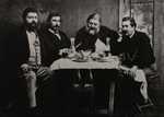 Photographic print with, from left to right : Melchior Seeberger, Maxime Gapany, Gustave Courbet and Louis Weitzel, during a meal in Switzerland, at Bulle