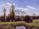 An early Monet work, from 1858, entitled View at Rouelles. This painting of a bucolic scene (nb the Poplars) is influenced by Courbet and Corot.