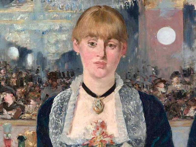 The central barmaid in Manet's Bar at the Folies Bergeres.